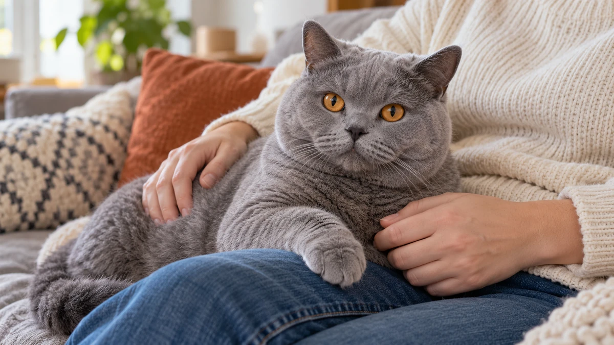 British Shorthair kedi — sahibinin kucağında