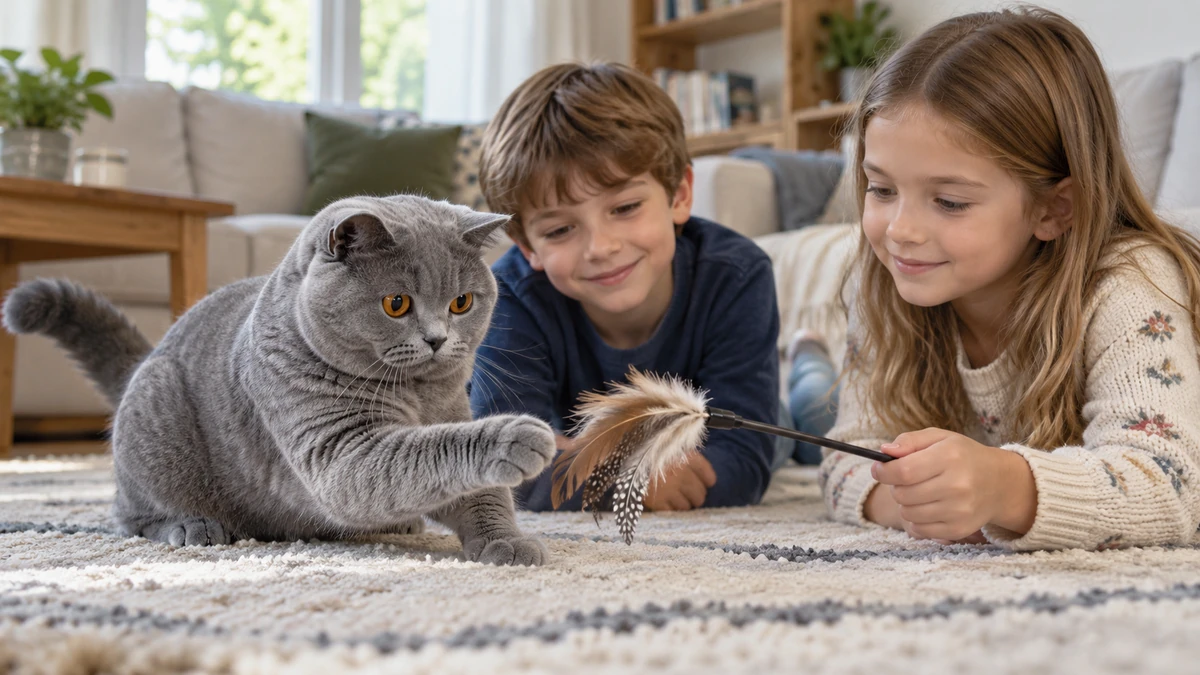British Shorthair kedi — çocuklarla oyun