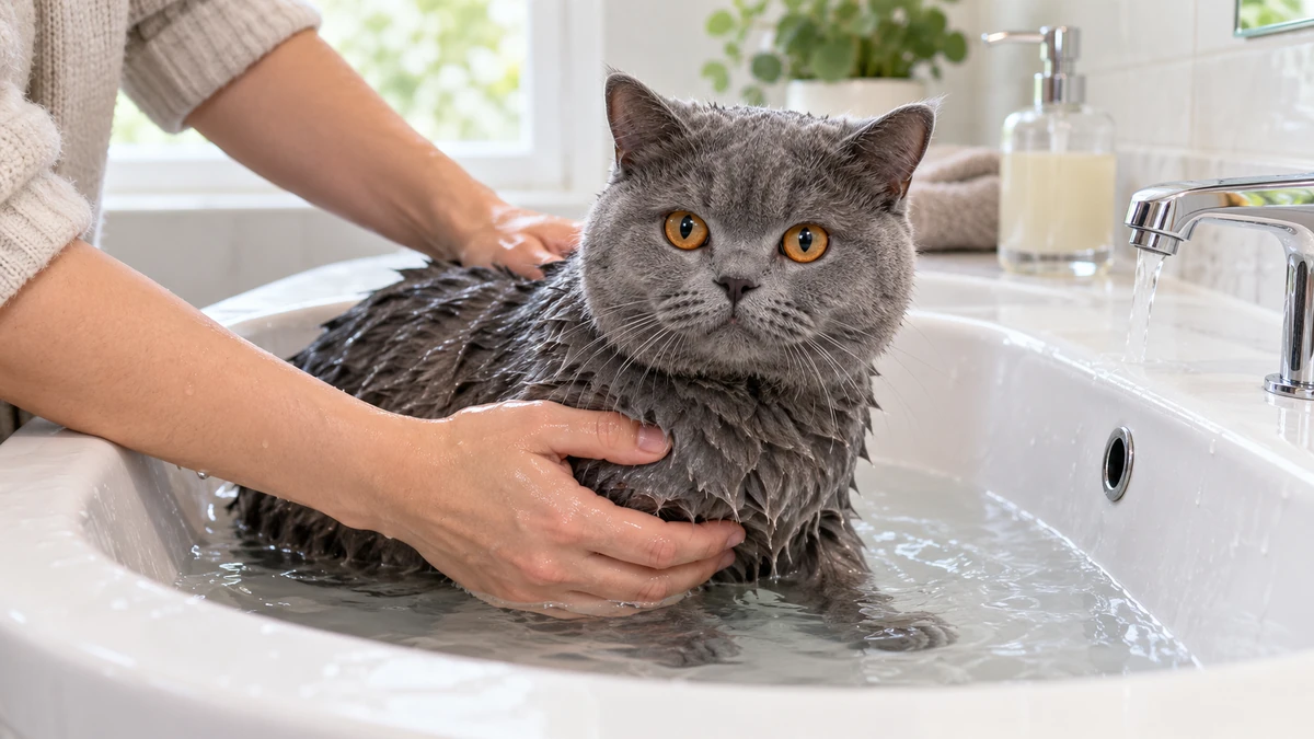 British Shorthair kedi — banyo ve temizlik